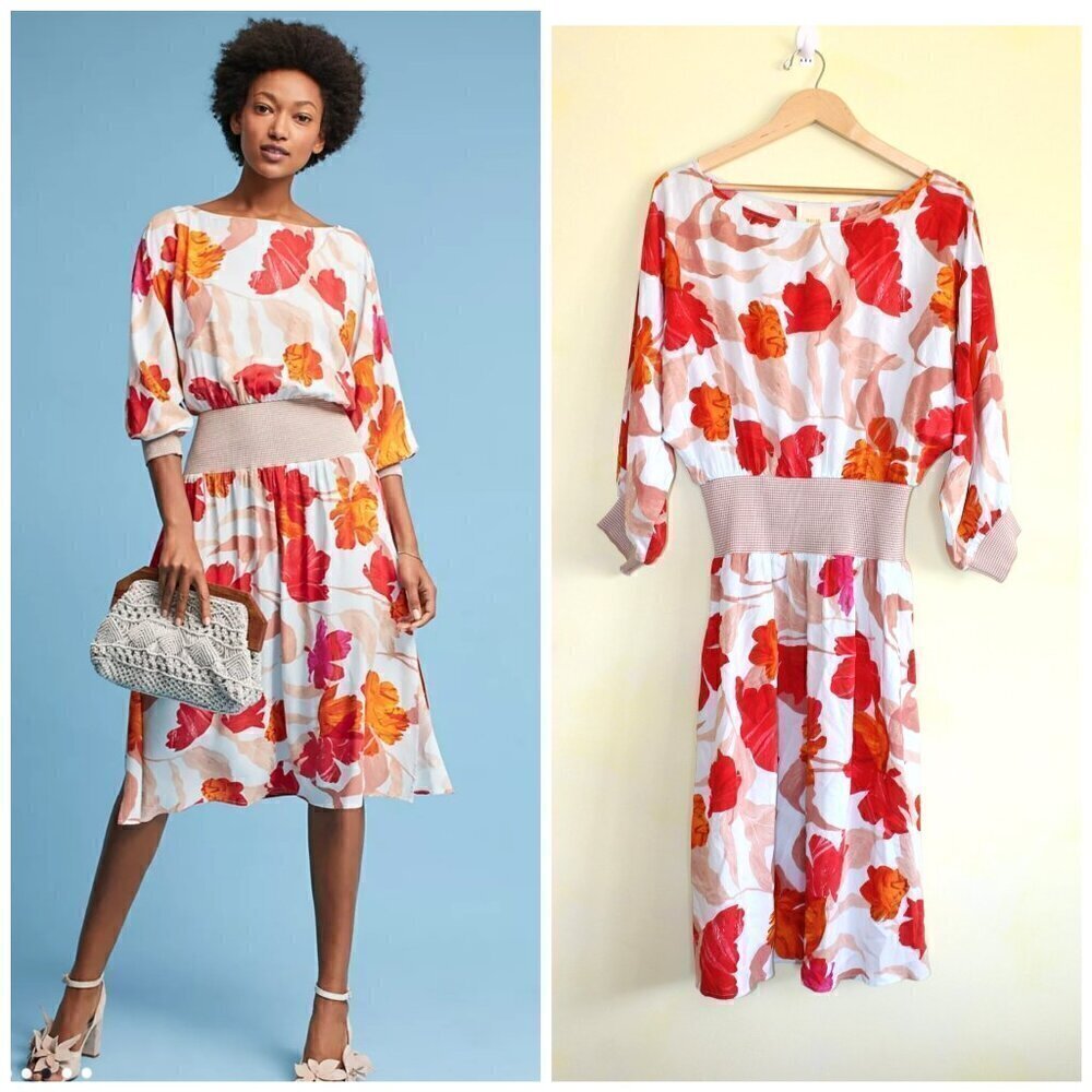 Anthropologie Maeve Gemma Floral Midi Dress M Greek goddess Waisted Silhouette